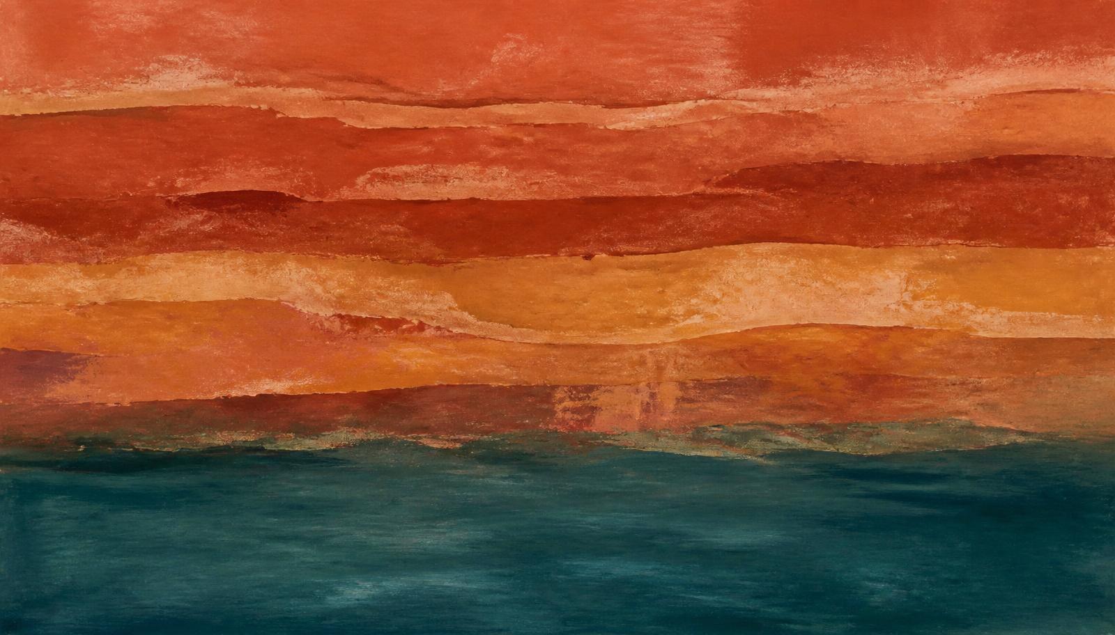 Abstract painted bands of red rock and teal water